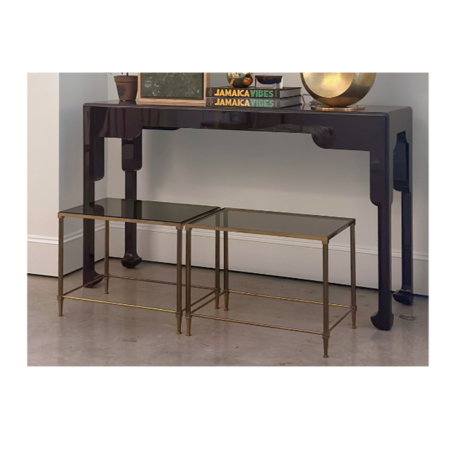 Maison Ramsay Brass and Smoked Glass Side Tables, Pair