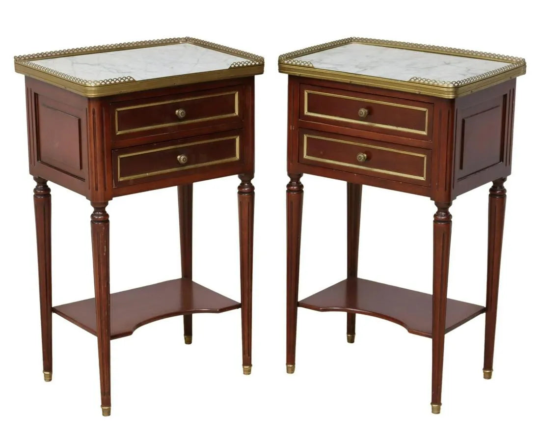 Louis XVI Style Nightstands with White Marble Top and Brass Gallery, Pair