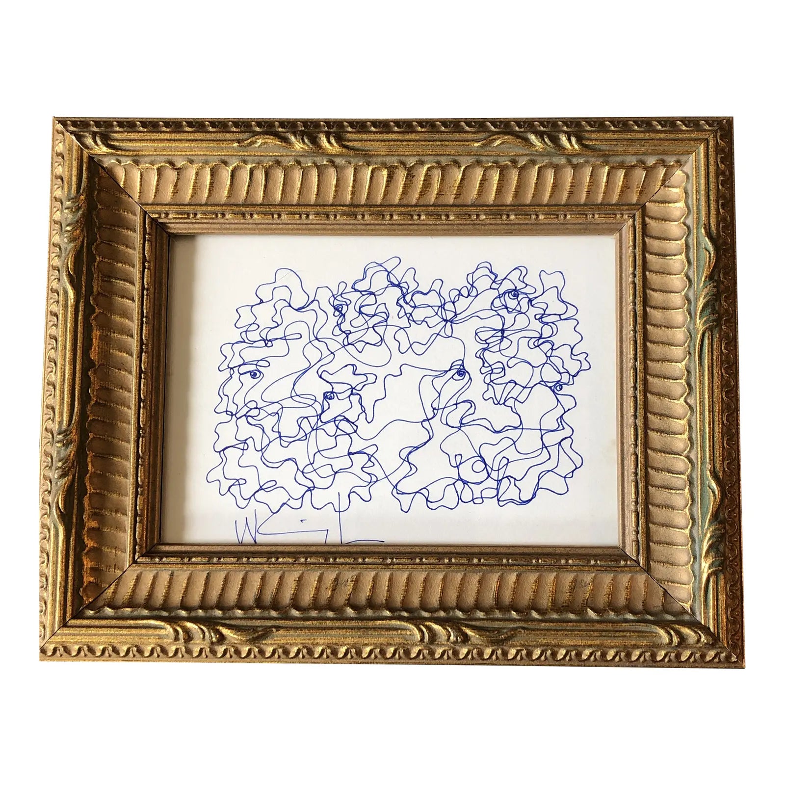 Original Abstract Blue Ink Drawing in Vintage Gold Frame by Wayne Cunningham
