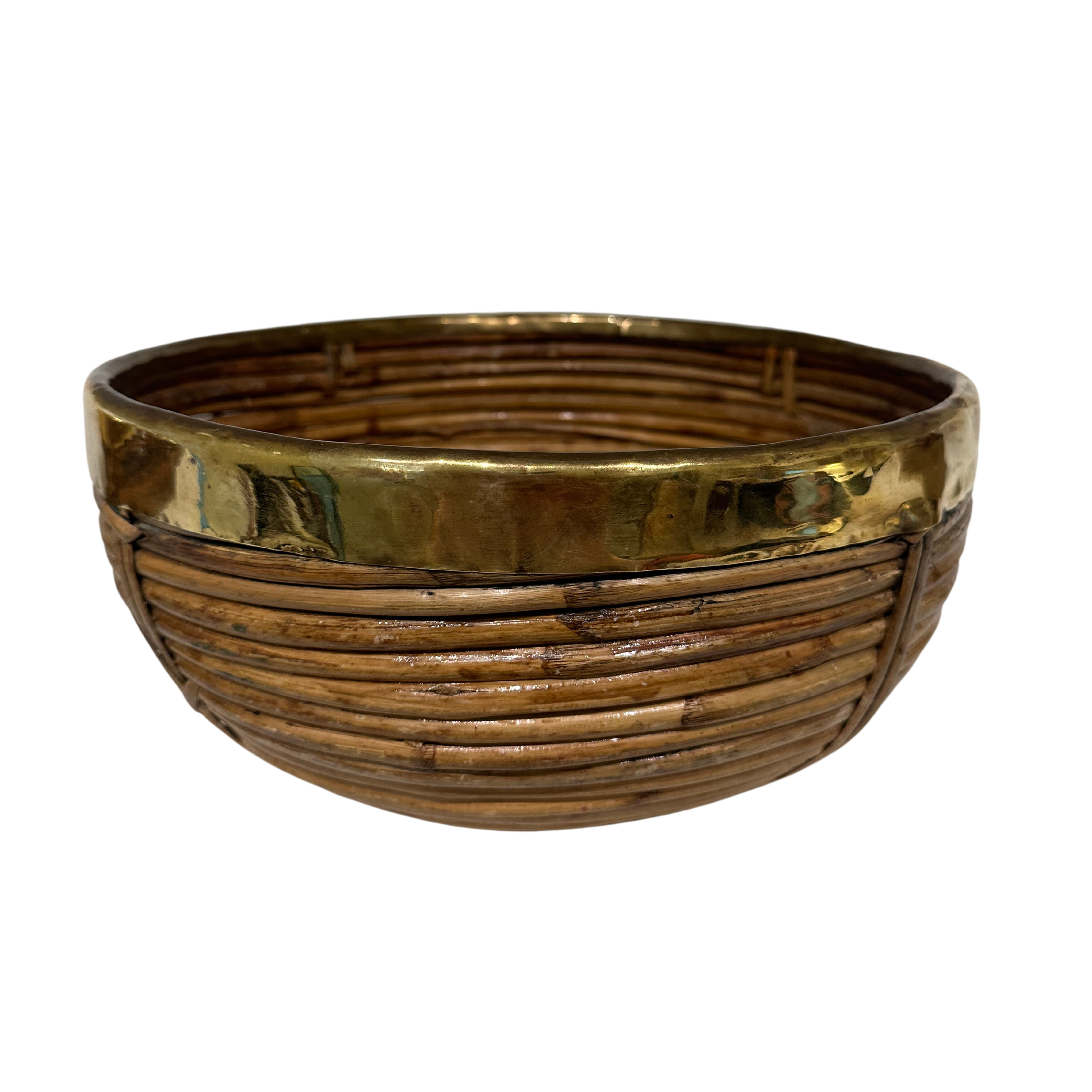 Vintage Italian Rattan Basket Bowl with Brass Trim in the Style of Gabriella Crespi, Large