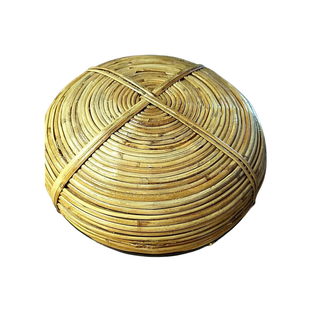 Vintage Italian Rattan Basket Bowl with Brass Trim in the Style of Gabriella Crespi