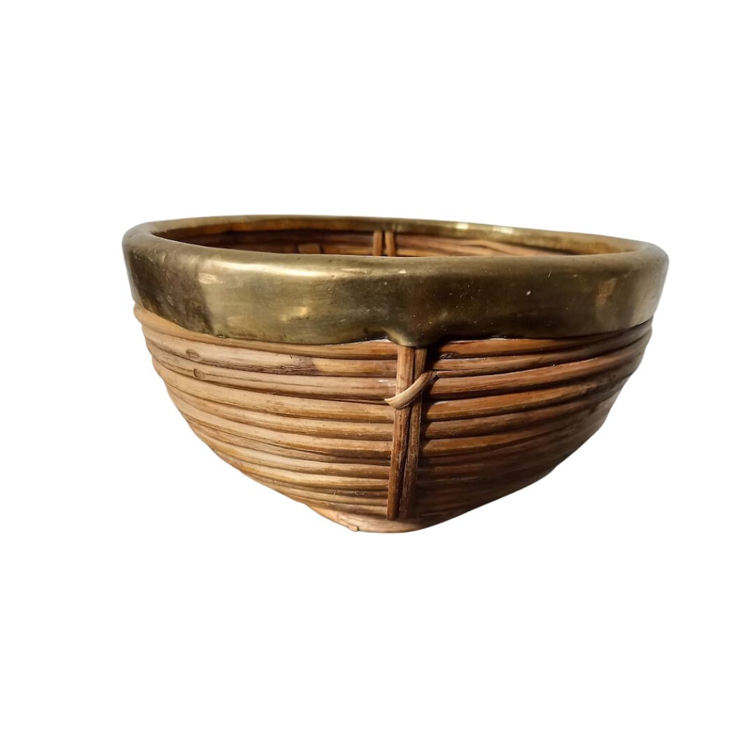 Vintage Italian Rattan Basket Bowl with Brass Trim in the Style of Gabriella Crespi