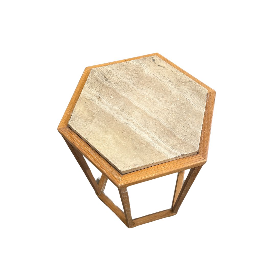 Vintage Travertine and Cerused Oak Hexagonal Side Tables, Pair