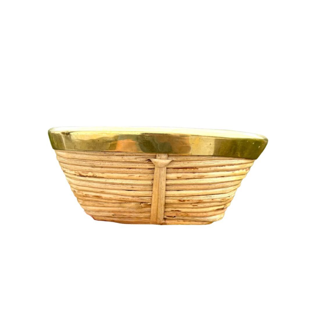 Vintage Mini Italian Rattan Basket Bowl with Brass Trim in the Style of Gabriella Crespi