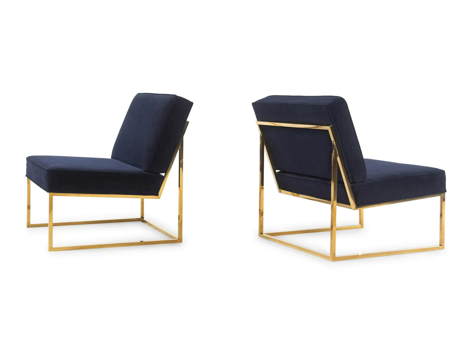 Contemporary Brass and Navy Velvet Chairs, Pair