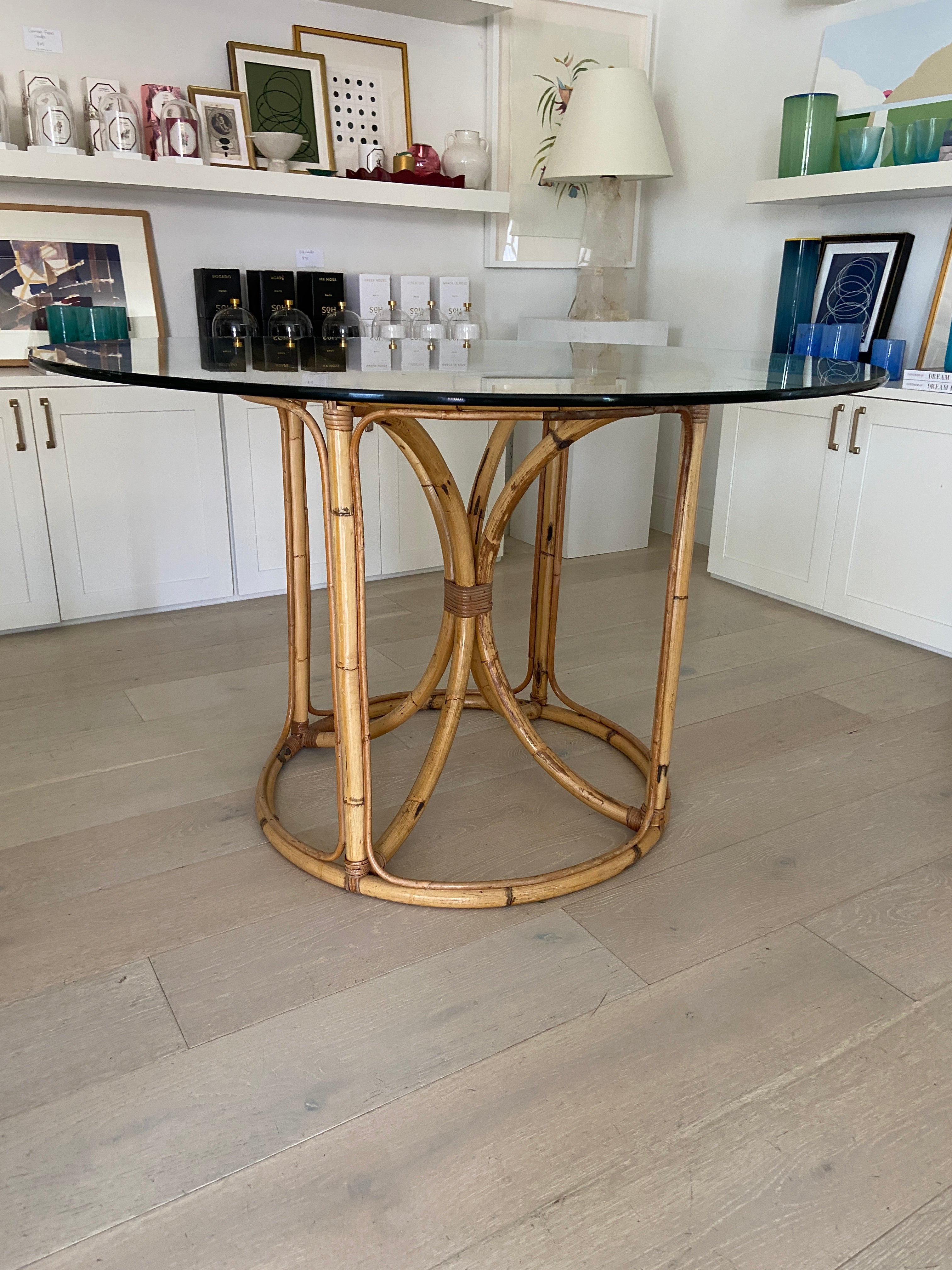 Vintage Bamboo and Glass Top Dining Table