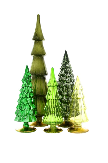 Green Glass Christmas Trees, Set of 5