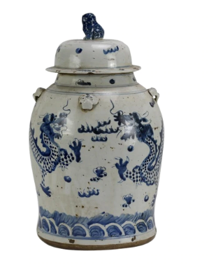 Blue and White Vintage Temple Jar w/ Dragon Motif, Small