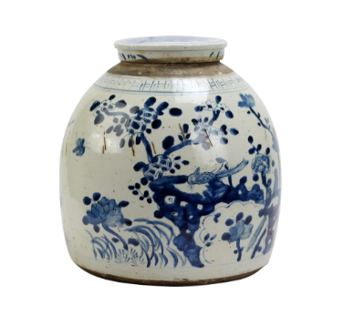 Blue and White Vintage Jar w/ Lily Pad Motif, Small