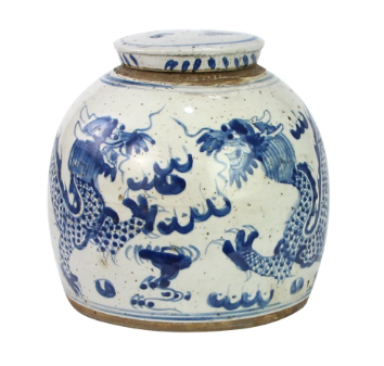 Blue and White Vintage Ming Jar w/ Dragon Motif, Small