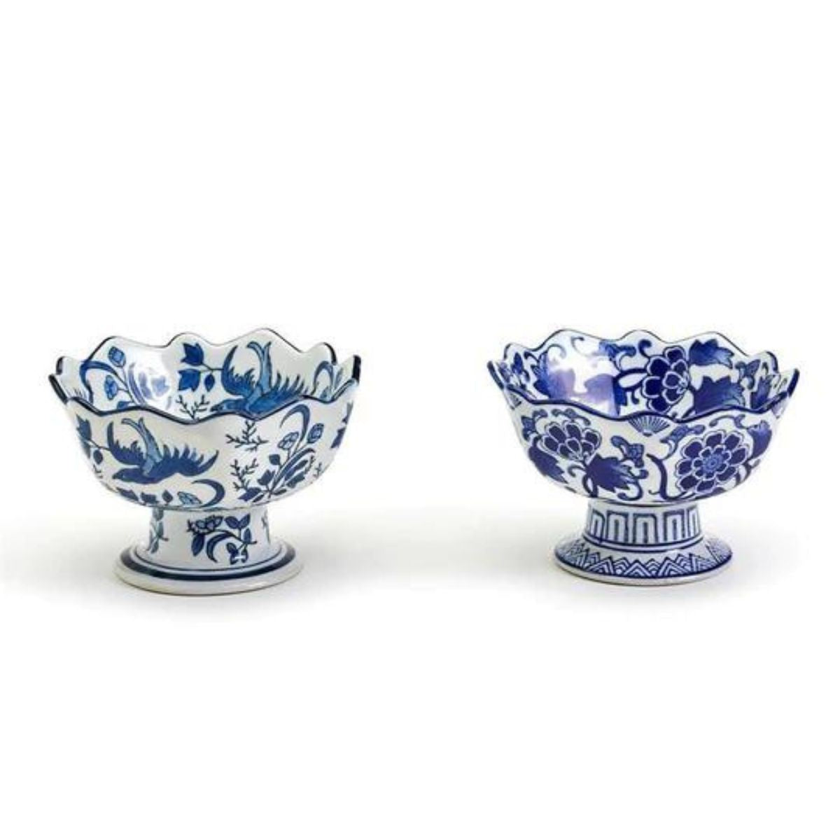 Blue and White Chinoiserie Scalloped Edge Footed Bowls, Set of 2