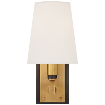 Rectangular Backplate Finished in bronze with antique brass Sconce with a linen shade 