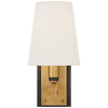 Rectangular Backplate Finished in bronze with antique brass Sconce with a linen shade 