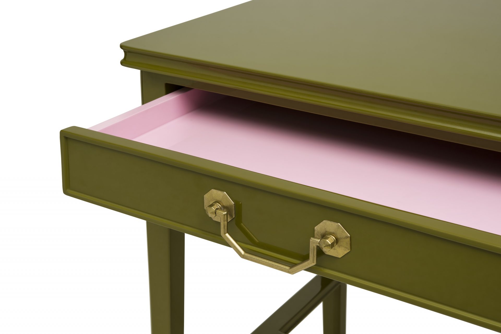 Small Lacquer Writing Desk, Olive with Pink Interior
